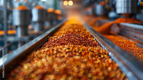 Fototapeta Naklejka Na Ścianę i Meble -  Modern spice processing facility A clean and modern factory with machinery for sorting, grinding, and packaging spices, highlighting technology in production