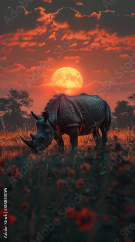 One horned rhinoceros grazes amidst the sunset in the park.