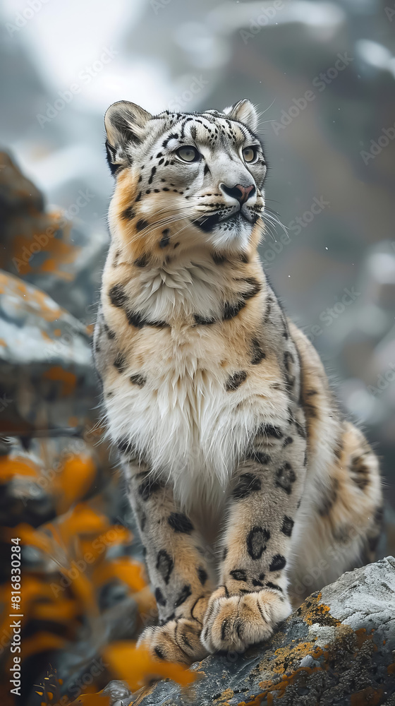 Fototapeta premium Snow leopard camouflaged against the rocky Himalayan landscape