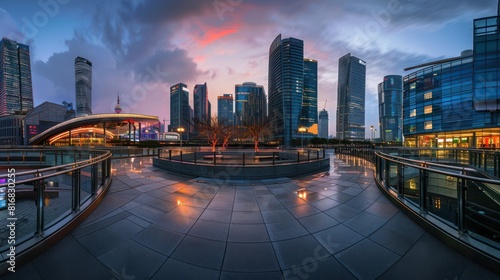 Floor image of a pedestrian bridge with buildings in the city photo