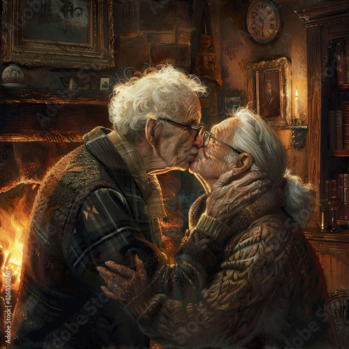 Elderly couple kissing in an old house by the fireplace