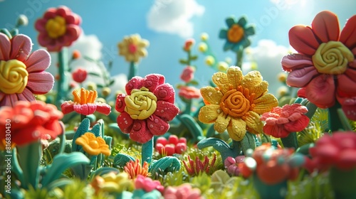 Enchanting field of colorful, oversized clay flowers under a bright blue sky with fluffy clouds © Natalia