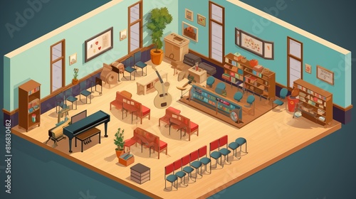 Isometric school vector with music room.