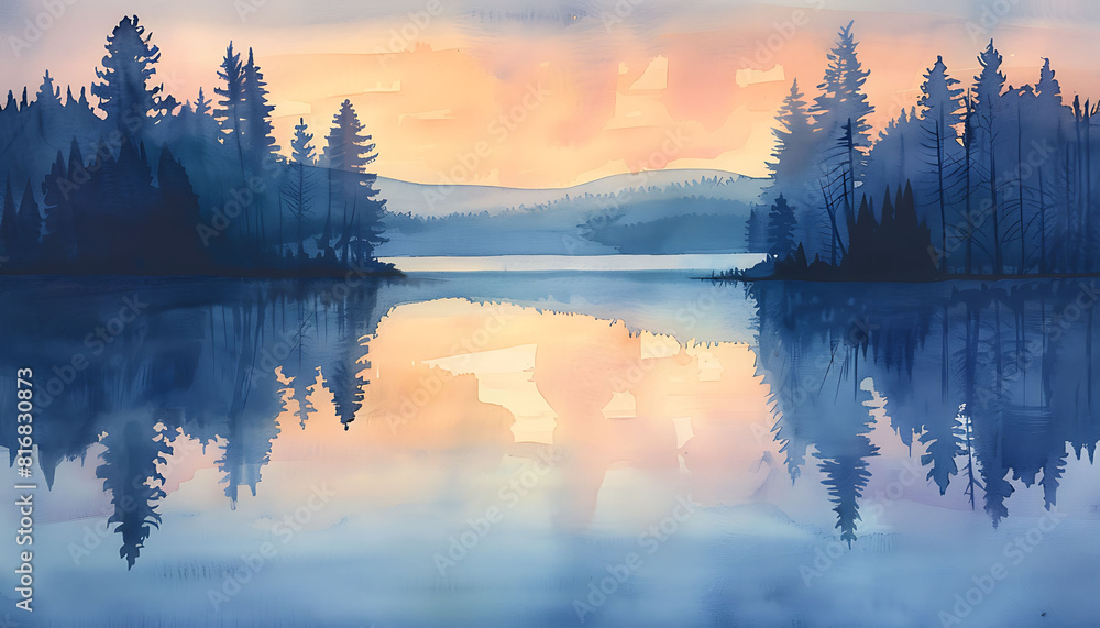 Tranquil Watercolor Landscape of a Calm Lake with Misty Mountains at Dawn