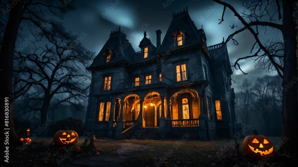 A haunted mansion with glowing jack-o'-lanterns in the foreground, set against a dark, eerie forest. The ominous atmosphere and gothic architecture create the perfect spooky Halloween night. A haunted mansion with glowing jack-o'-lanterns in the foreground, set against a dark, eerie forest. The ominous atmosphere and gothic architecture create the perfect spooky Halloween night.