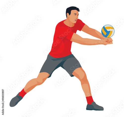 Figure of a Japanese volleyball player in a red sports uniform who hits or bumps the ball with hands