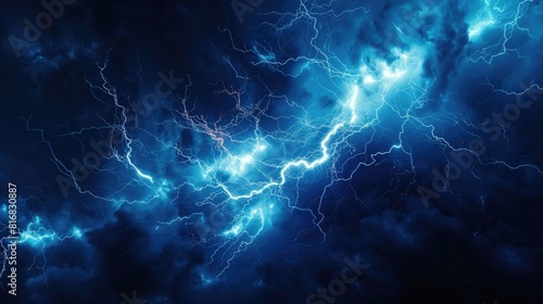 Dramatic image of lightning in a dark blue sky. Perfect for weather forecasts or dramatic backgrounds