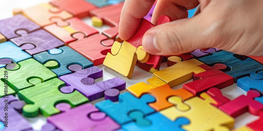 A hand is placing colorful wooden pieces with human icons on them onto an empty white background of the same color,creating a geometric pattern in bright shades of red and purple,blue green and yellow A hand is placing colorful wooden pieces with human icons on them onto an empty white background of the same color,creating a geometric pattern in bright shades of red and purple,blue green and yellow