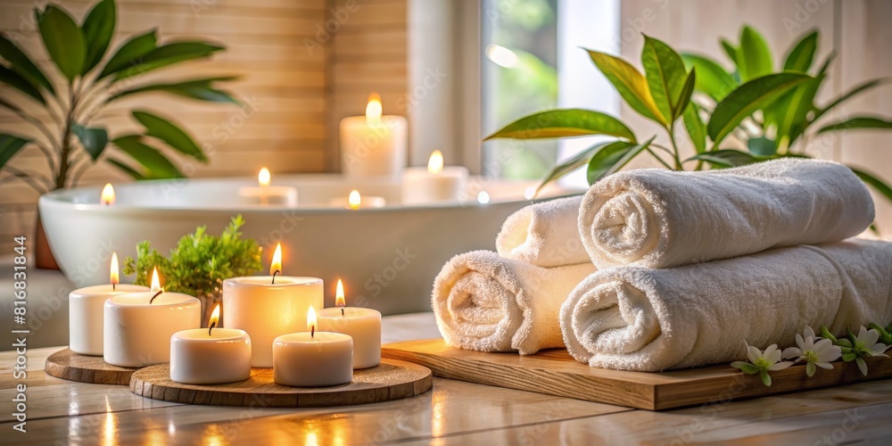Spa and wellness setting with towels, candles, sea salt, candles and green plants. AI generated