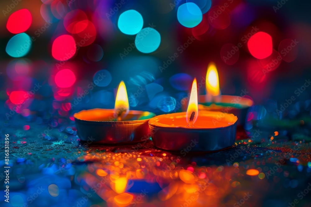 Three lit candles on a colorful bokeh background with a festive atmosphere Three lit candles on a colorful bokeh background with a festive atmosphere