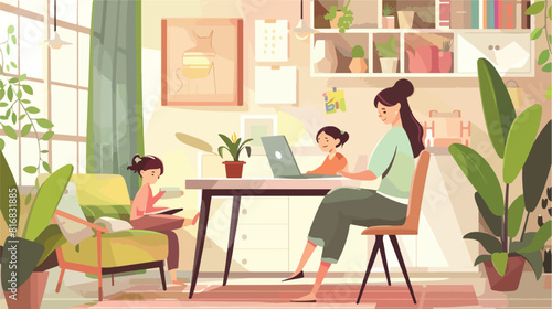 Working mother with little daughter at home Vector illustration