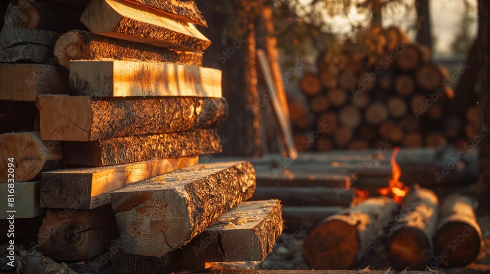 Fototapeta premium Stack of cut wood logs with a small fire in the background at sunset.