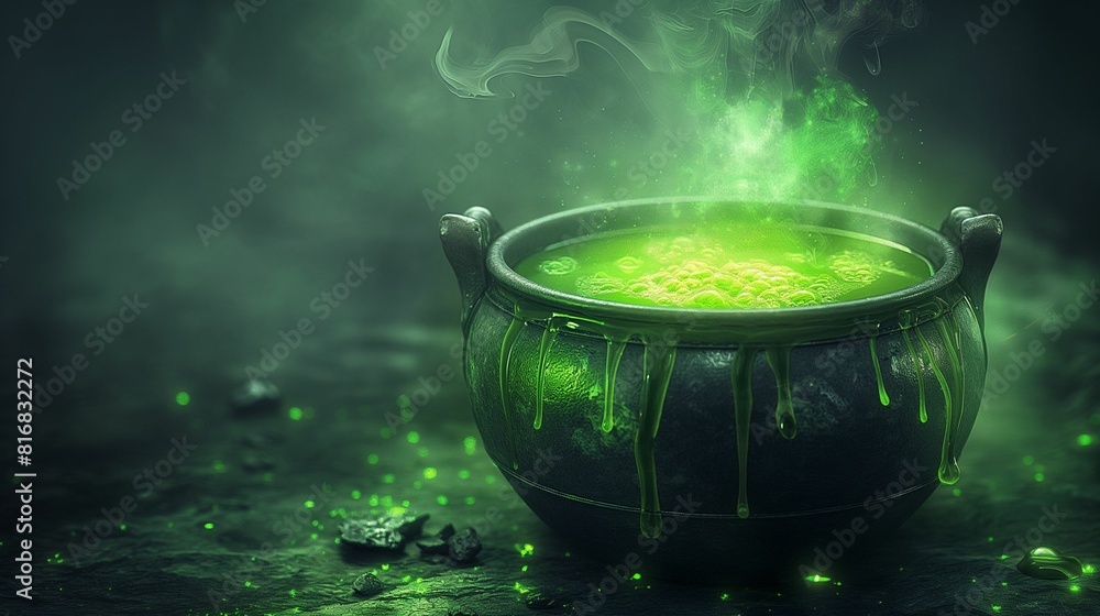Black cauldron with glowing green liquid bubbling and emitting smoke on a dark background. Black cauldron with glowing green liquid bubbling and emitting smoke on a dark background.