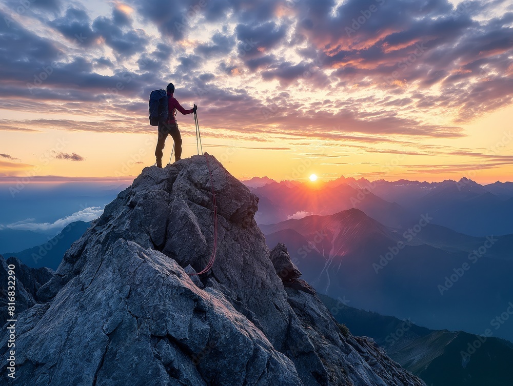 A lone climber stands triumphantly on a rocky peak, overlooking a breathtaking sunrise. The image captures the essence of adventure, determination, and the beauty of nature.