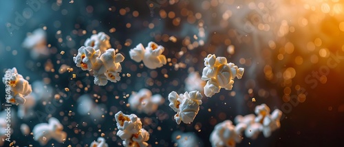Flying popcorn in a dark  smoky cinemathemed creative food concept with space for copy text