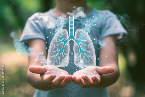 Little girl holds illustration of lungs in her hands. Concept of preserving the environment and clean air photo