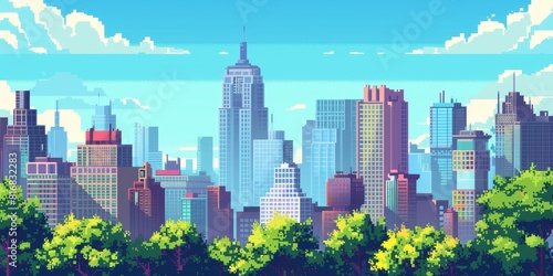 A beautiful pixel art illustration of a cityscape