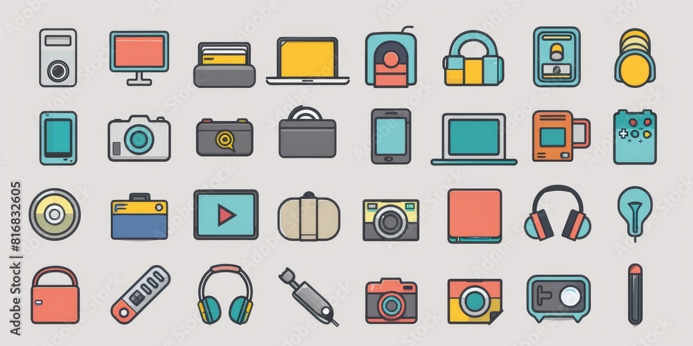 A set of vector icons in a flat style. The icons are of various electronic devices and objects.