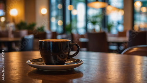 Cafe Vibe  Laptop and Coffee Cup on Table with Soft Background Blur