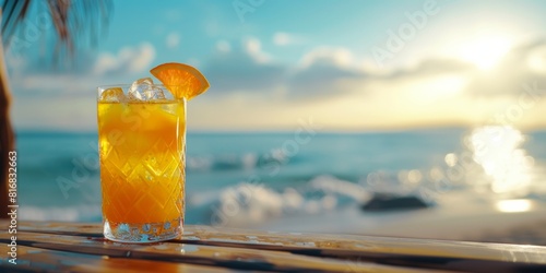 Refreshing Orange Summer Drink on a Wooden Board by the Beach
