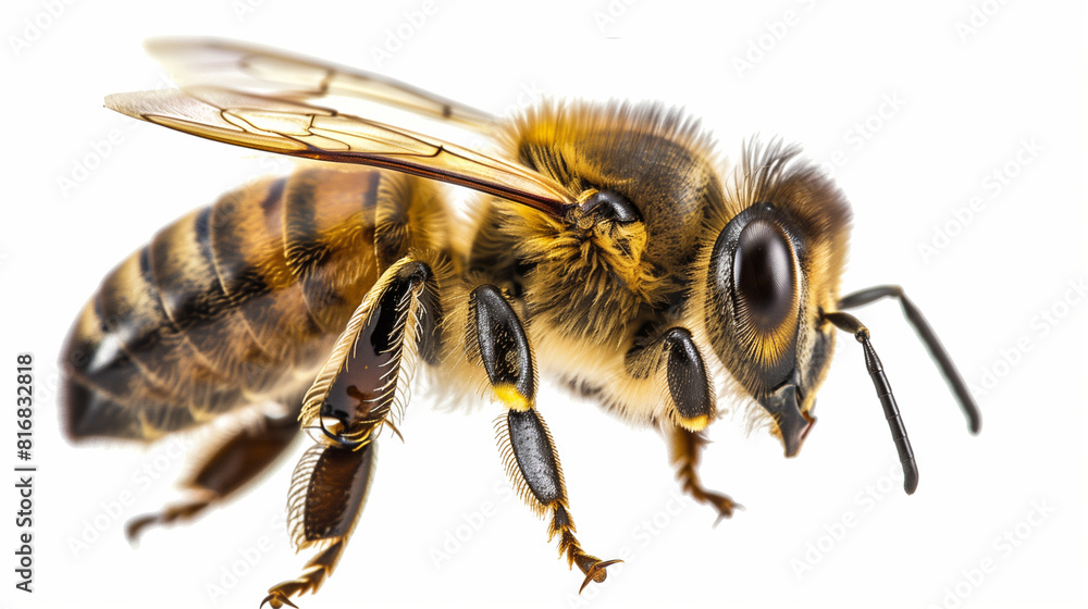 A close-up photo of a honey bee walking on a white background. The bees intricate body structure and fuzzy texture are visible, showcasing its distinctive black and yellow stripes A close-up photo of a honey bee walking on a white background. The bees intricate body structure and fuzzy texture are visible, showcasing its distinctive black and yellow stripes