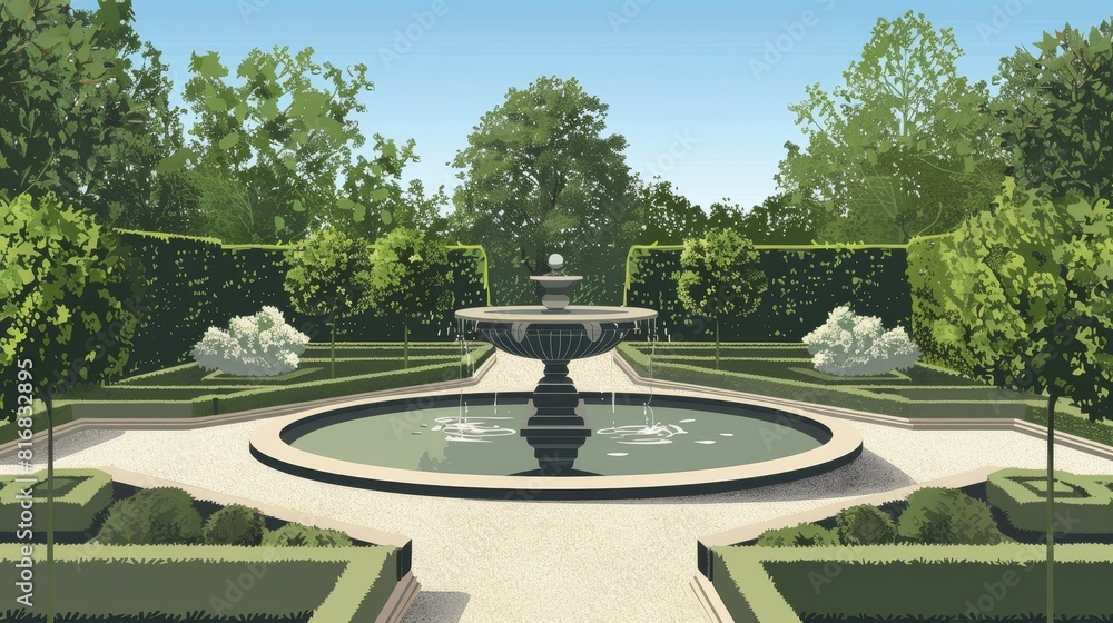 A large fountain is surrounded by trees and bushes A large fountain is surrounded by trees and bushes
