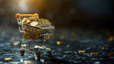 Shopping Cart Full of Gold Coins on Dark Background