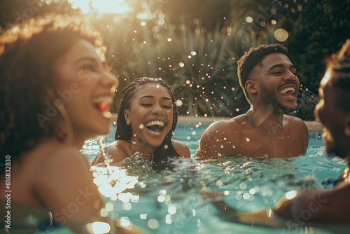 Joyful Laughter: Friends Splashing and Enjoying the Pool
