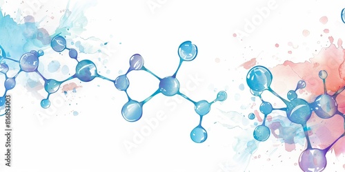 Blue watercolor molecule structure on white background