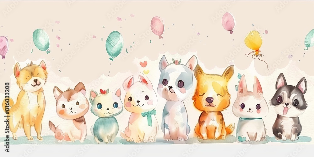 Naklejka premium Cute watercolor illustration of a group of cats and dogs wearing party hats and surrounded by balloons.