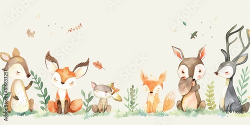 Fototapeta Naklejka Na Ścianę i Meble -  Cute watercolor woodland animal parade. Deer,Hu Li ,Tu Zi ,Wan Xiong He Mao Tou Ying Zai Shu Lin Li Wan Shua .