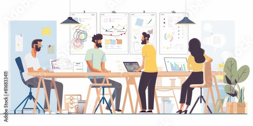 Group of business people discussing ideas in office. Brainstorming, teamwork and creativity concept. Vector illustration.