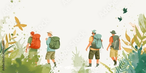 Group of hikers with backpacks walking on the trail in the mountains.