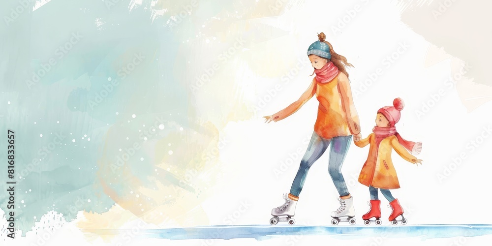 Mother and daughter ice skating. Watercolor illustration.