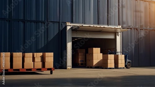 Outside of Logistics Warehouse with Open Door, Delivery Van Loaded with Cardboard Boxes. Truck Delivering Online Orders, Purchases, E-Commerce Goods, Wholesale Merchandise.