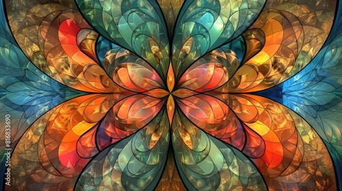 Digital fractal art design of a flower or butterfly in stained glass