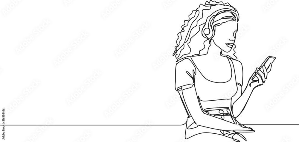continuous single line drawing of young woman with smartphone, line art vector illustration