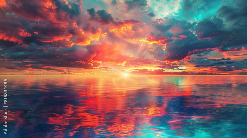 A vibrant sunset paints the sky in hues of orange, pink, and purple over a body of water. The sun dips below the horizon, casting a warm glow on the rippling waves