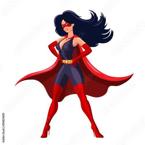 Cartoon Woman Superhero in a Red Cape and Mask isolated on White Background