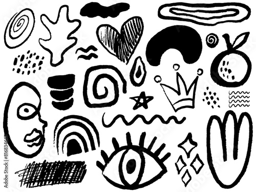 Charcoal graffiti doodle different shapes collection. Hand drawn abstract scribbles and squiggles, creative various shapes, pencil drawn icons