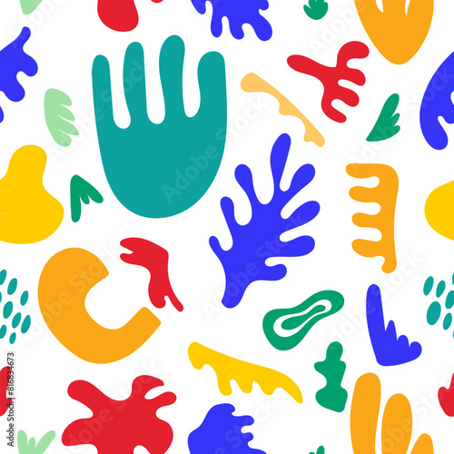 Abstract matisse inspired seamless pattern with colorful freehand doodles. Organic flat background, simple random shapes in bright childish colors.