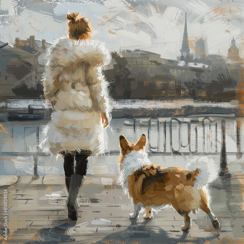 A girl in a white fluffy fur coat and a corgi dog walk along the embankment