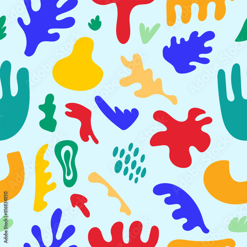 Abstract matisse inspired seamless pattern with colorful freehand doodles. Organic flat background, simple random shapes in bright childish colors.