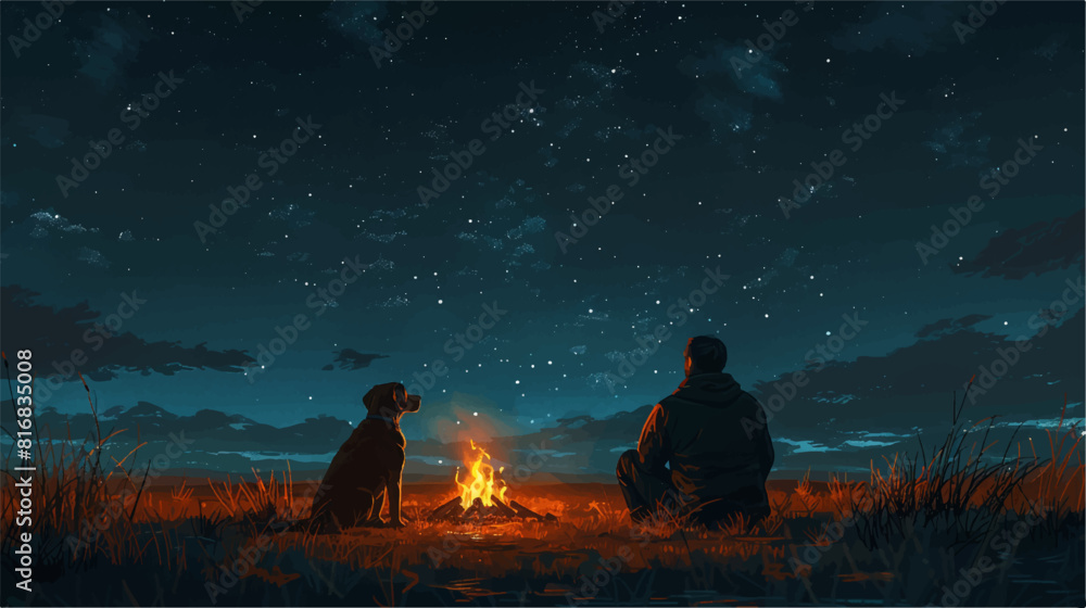 Man and dog near the fireplace at night with starry sky, vector illustration Man and dog near the fireplace at night with starry sky, vector illustration