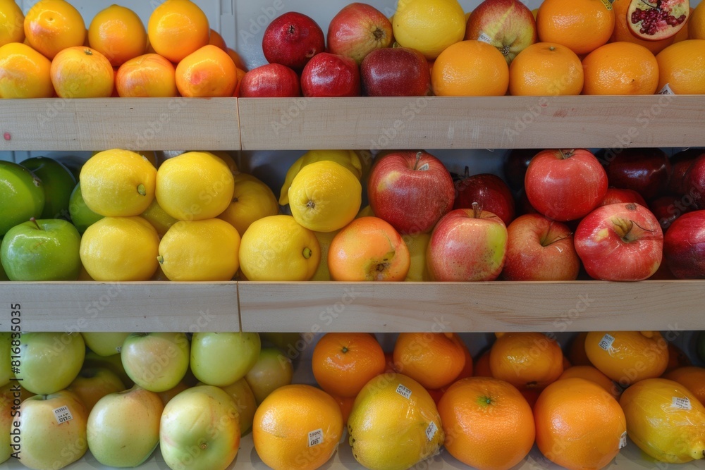 Assorted fruits displayed on shelves, suitable for grocery or healthy eating concepts Assorted fruits displayed on shelves, suitable for grocery or healthy eating concepts