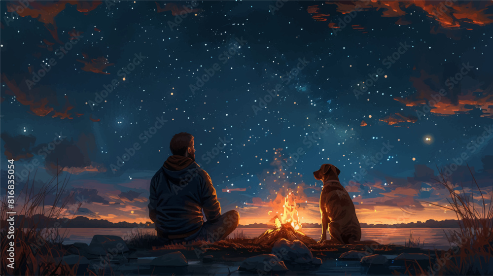 Man and dog near the fireplace at night with starry sky, vector illustration Man and dog near the fireplace at night with starry sky, vector illustration