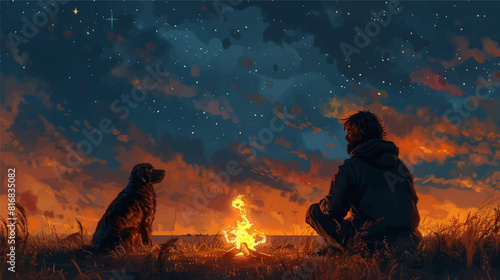 Man and dog near the fireplace at night with starry sky, vector illustration