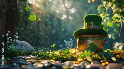 A leprechaun hat, a pot of gold coins, a forest floor.