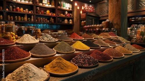 Seasonings and spices are arranged in shelves.