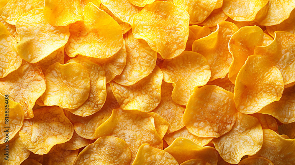 Fresh potato chips close-up. Detailed photo. Chips fill the entire image Fresh potato chips close-up. Detailed photo. Chips fill the entire image